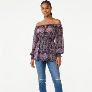 Whimsical Fairycore Zara Basic Off-The-Shoulder Top Smocked Waist & Cuffs Size M